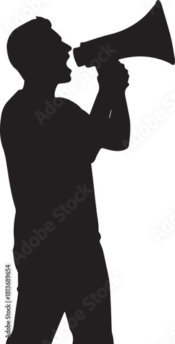 Silhouette of a person shouting into a megaphone announcing important news or rights