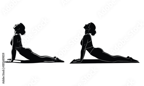 Woman doing upward-facing dog yoga pose, fitness exercise silhouette