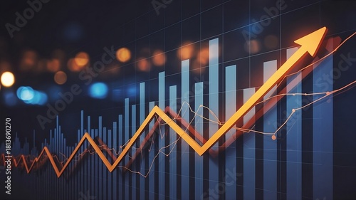 An upward trend in stock market data, featuring an orange line graph rising sharply over a series of stacked bars, created with generative ai
