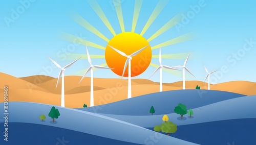 A bright flat vector scene of renewable energy with wind turbines sun and simple geometric hills suitable for eco and sustainability themes