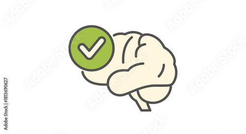 Brain with green checkmark for mental wellness, showing cognitive health and success, ideal for education and healthcare designs and positive thinking concepts.