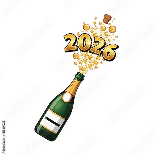 Champagne bottle popping with golden 2026 numbers and festive bubbles for celebration