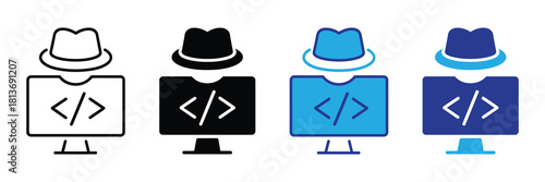 Cybersecurity hacker icon with code symbol on monitor, representing online privacy, digital threat, and programming expertise on white background.