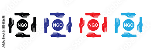 Four colorful hand icons forming a circle around an 'ngo' text in a circle, symbolizing unity, teamwork, and non-governmental organizations' global reach.