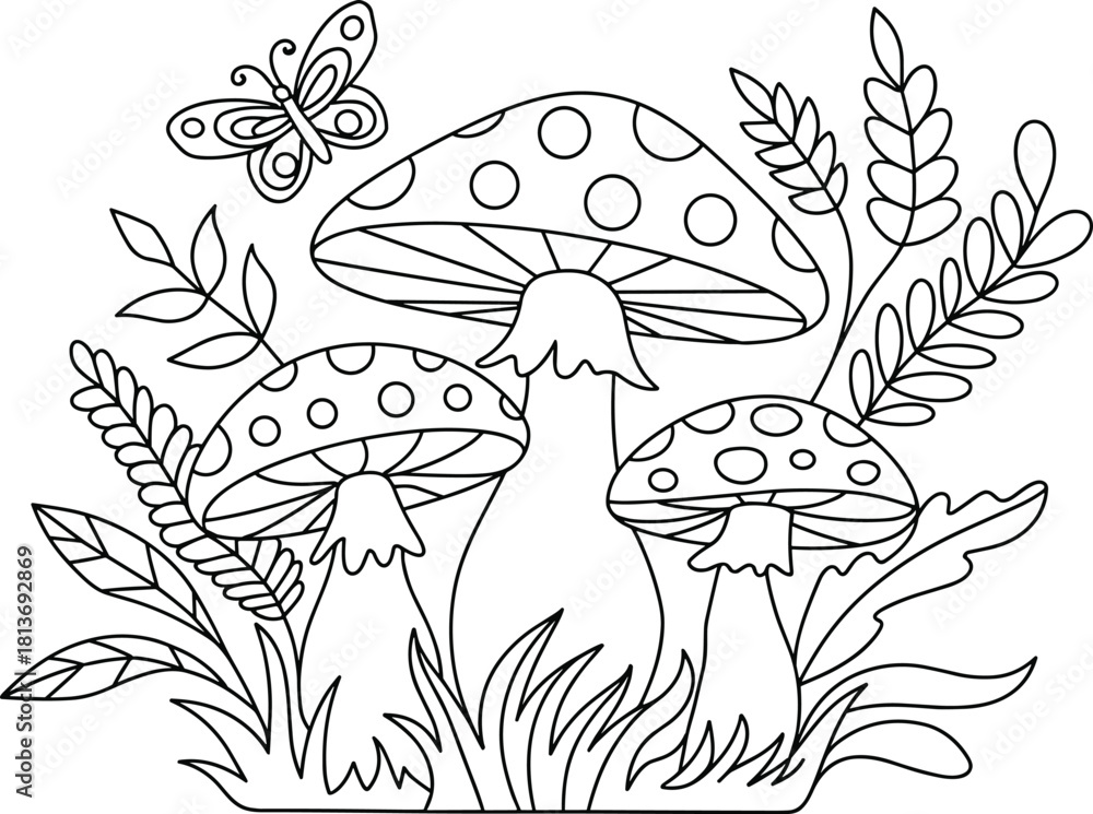 Obraz premium Whimsical black and white illustration of three spotted mushrooms and a butterfly fungi toadstools