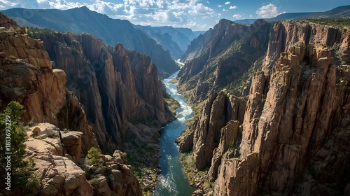 Scenic view of the black canyon of the gunnison river, showcasing the dramatic cliffs, deep gorge, and the river flowing through under a partly cloudy sky