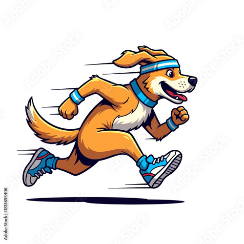 Cartoon dog wearing athletic gear running with motion lines on a white background with a playful mood.
