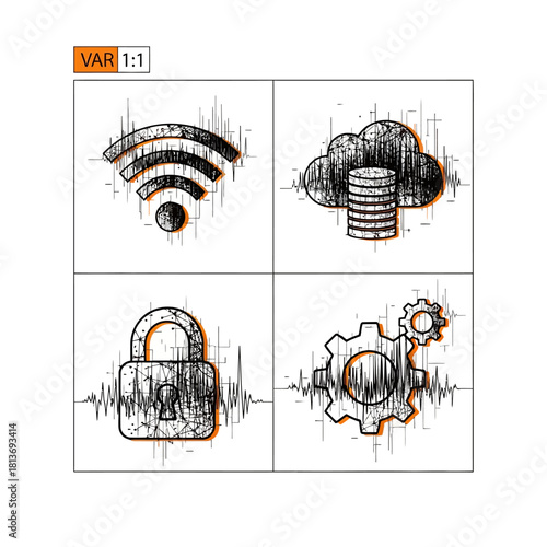 Illustration of four icons representing internet technology concepts including Wi-Fi, cloud storage, security, and mechanics on a white background with sound waves.