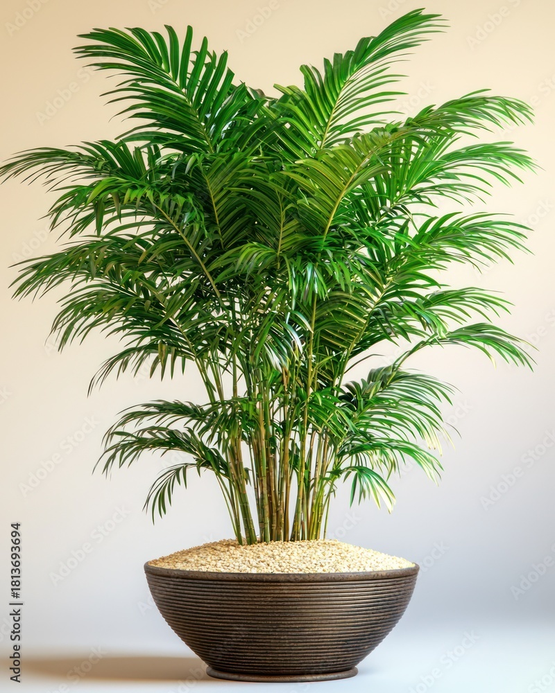 Obraz premium Potted parlor palm with multiple fronds, brown pot and yellow soil