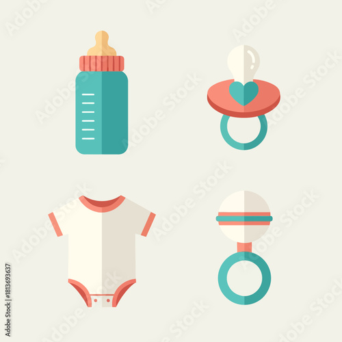 Flat lay of baby essentials including a bottle, pacifier, onesie, and rattle on a clean white background.