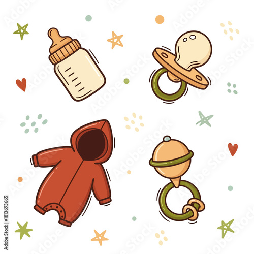 Colorful flat lay of baby items including a bottle, pacifiers, and a red hooded onesie against a white background with star and heart illustrations.