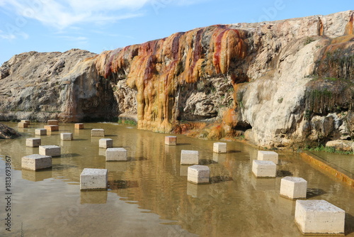 Fototapeta Naklejka Na Ścianę i Meble -  Terme and granite waterfall with geothermal water flowing in Kırşehir, Türkiye