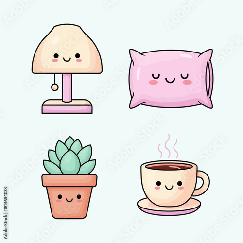 Digital illustration of smiling household items including a lamp, pillow, succulent plant, and coffee cup on a light blue background.