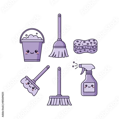 Set of six cartoon cleaning supplies with smiling faces on a plain white background in purple hues.