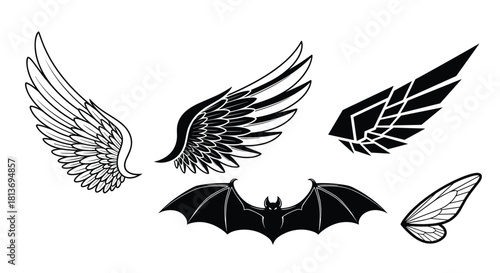 Unleash your creativity with this collection of various wing designs perfect for adding an angelic or gothic touch to your next project or tattoo!, Generative AI*