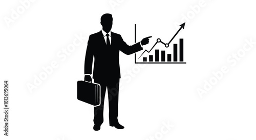 Confident businessman presenting positive business growth chart with upward trending graph showcasing success and financial performance vector illustration, Generative AI*