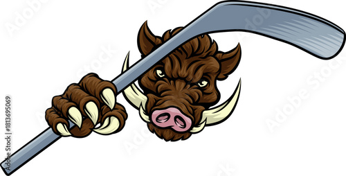 A wild boar, hog razorback warthog pig hockey sports cartoon mascot