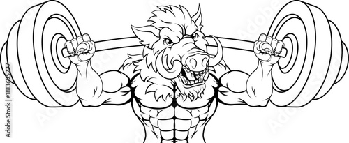 A boar razorback hog weight lifting gym animal sports mascot lifting a barbell