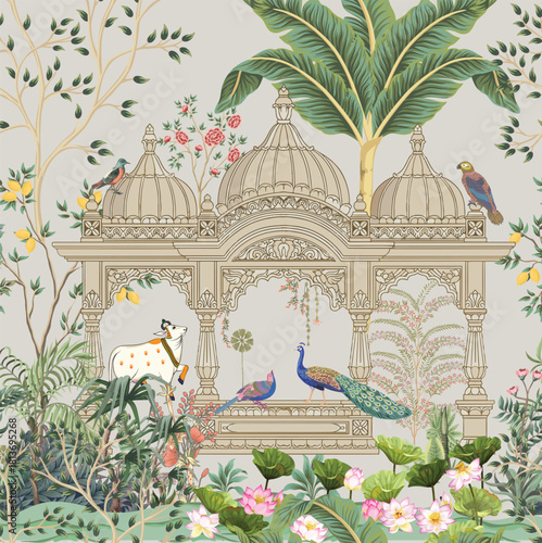 Mughal artwork with pichwai traditional cow