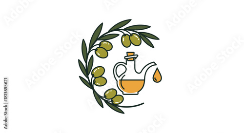 Fresh pressed olive oil illustration with decorative olive branch a taste of the Mediterranean perfect for branding and product packaging designs, Generative AI*