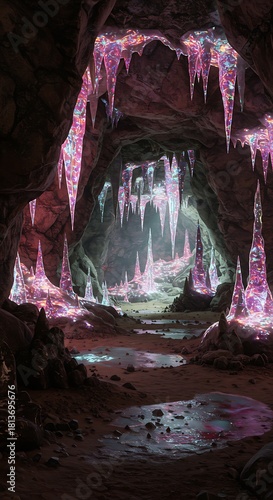 Mysterious crystal cave interior illuminated with ambient lighting and reflections