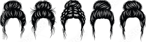 Five Black Silhouette Hairstyles Messy Buns and Braids vector