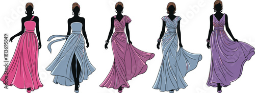 Five women in flowing floor length gowns in pink blue and purple fashion dresses
