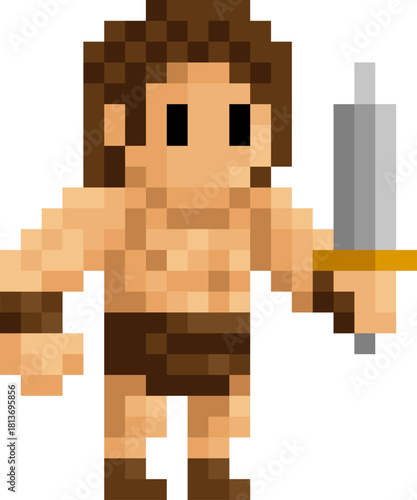 A barbarian warrior fantasy cartoon character in a video game sprite pixel art style. 20 squares wide by 24 high