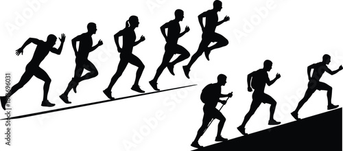 Silhouettes of runners and hikers ascending inclines in black and white running athlete