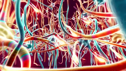 Close Up View Of Nerve Cells And Neurons With Red And Orange Strands Connecting Them All