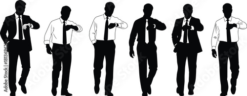 Six black silhouette business men checking watches on white background businessman
