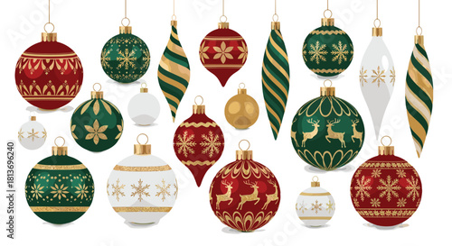 Elegant Christmas ornaments in red green and gold evoke holiday cheer perfect for decorating cards banners and festive social media posts this season, Generative AI*