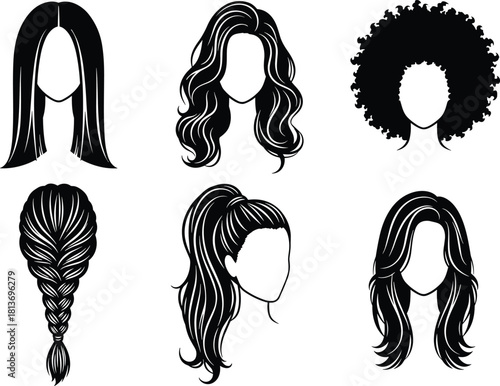 Six Black Silhouette Hairstyles Including Straight Wavy Afro Braid Ponytail white