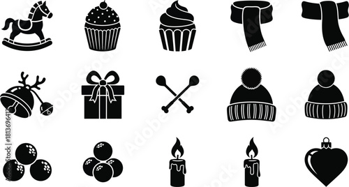 Collection of black silhouette icons representing winter holiday and christmas objects