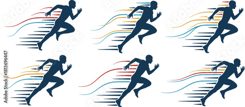 Six dark blue running man silhouettes with abstract speed lines in red blue and gold