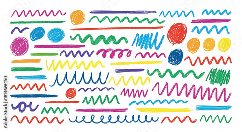 Vibrant Hand-Drawn Doodle Lines and Shapes Pattern Background. Colorful Crayon Style Abstract Art.