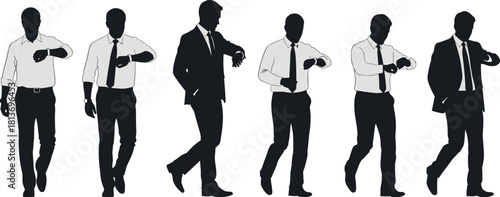 Six male silhouettes in business attire checking watches businessman