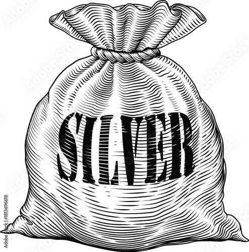 A sack or bag of silver in a vintage woodcut style
