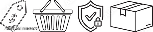 Outline Icons: Price Tag, Shopping Basket, Shield, and Box