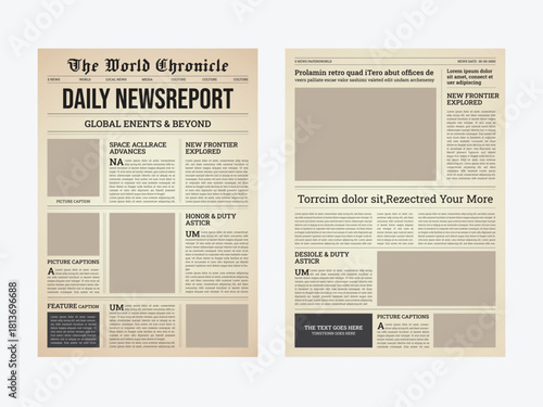 Traditional News Report Template, Retro Press Front Page Design, Daily News Paper Template With Text And Picture Placeholder.