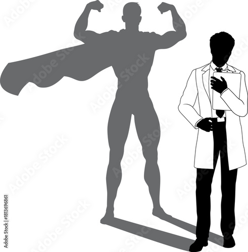 A superhero male scientist, engineer, doctor or teacher in a lab white coat man. Revealed by his shadow silhouette as a super hero in a cape.