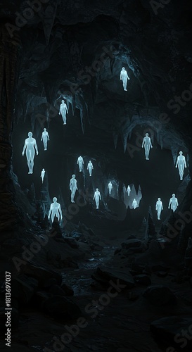 Mysterious figures illuminated in a dark cave environment artistic concept
