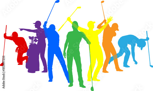 Silhouette golf player set. Active golfers golfing sports people healthy players fitness silhouettes concept.