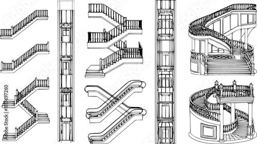 Tableau sur toile Collection of hand drawn architectural element sketches featuring staircase, ele
