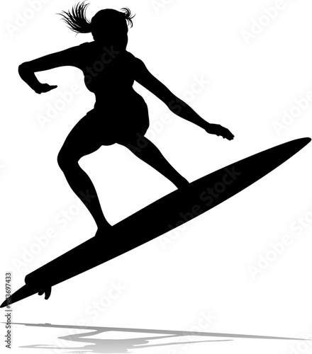 Surfer surfboard boarding female surfer surfing silhouette outline. Woman surf pose design concept.