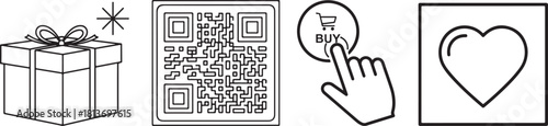 Monochrome Outline Icons Set: Gift, QR Code, Buy, and Heart