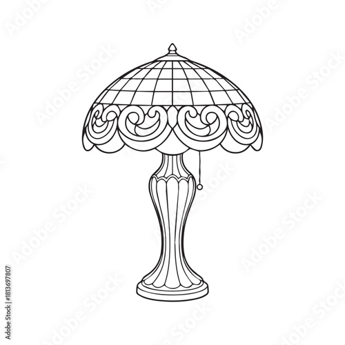 Vintage Tiffany style table lamp vector illustration. Hand drawn antique stained glass light fixture outline. Retro interior home decor design sketch.
