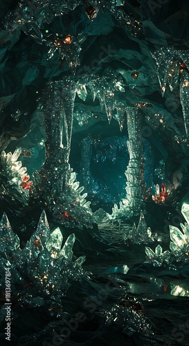 Mysterious gemstone cave interior with sparkling crystals and architectural elements