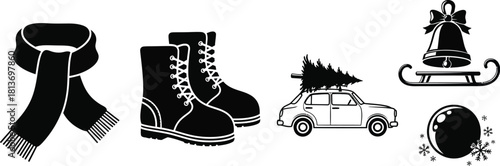 Collection of black and winter holiday icons including a scarf, combat boots, car with a christmas tree, sleigh bell, and ornament