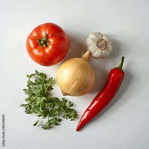 Fresh ingredients for cooking tomato onion garlic chili pepper and herbs